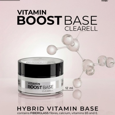 Frasco VITAMIN BOOST BASE CLEARELL 12 ml com fundo cor de rosa e moléculas transparentes.