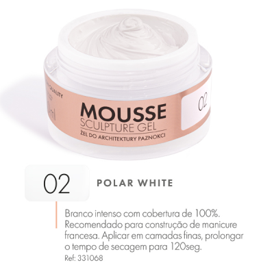 Frasco aberto de mousse branca para unhas com rótulo bege