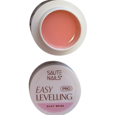 Pote aberto com gel bege rosado e tampa de pote com rótulo SAUTE NAILS EASY LEVELLING PRO SILKY BEIGE