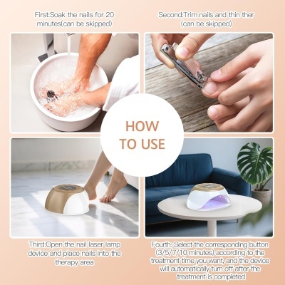 Instruções de uso de dispositivo de tratamento de unhas a laser em quatro etapas com imagens de pés na água, corta-unhas, dispositivo na mesa e botão de tempo.
