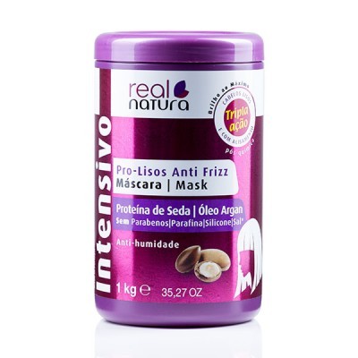 Frasco roxo de máscara capilar real natura Pro-Lisos Anti Frizz com tampo roxo