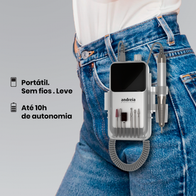 Dispositivo portátil de manicure com acessórios em jeans azul