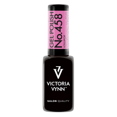Frasco de verniz gel para unhas Victoria Vynn com rótulo rosa e texto