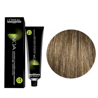 Tubo de tinta para cabelo L'Oréal INOA e amostra de cor castanho claro