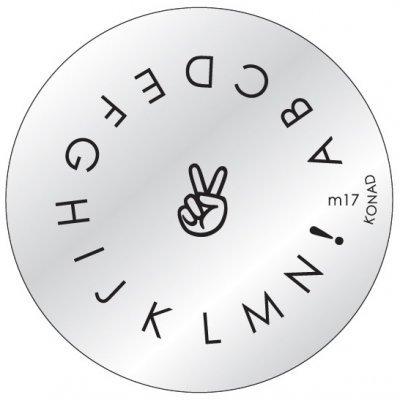 Placa metálica redonda com letras do alfabeto em círculo e símbolo de mão no centro