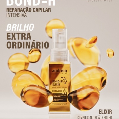 Imagem de elixir capilar Andreia Professional com texto promocional em português.