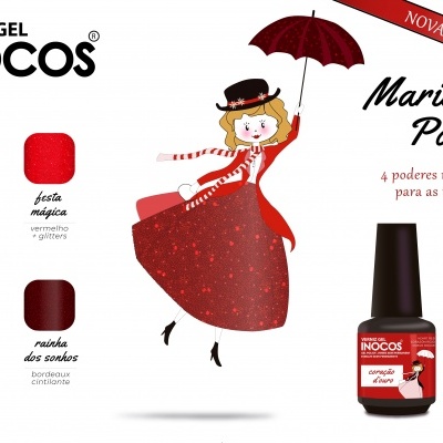 Verniz gel INOCOS coleção Maria Popina com 5 cores e personagem feminina com vestido vermelho e guarda-chuva