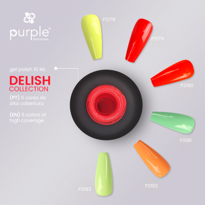 Esmaltes gel da coleção Delish da Purple Professional com seis cores vibrantes e frasco aberto no centro.