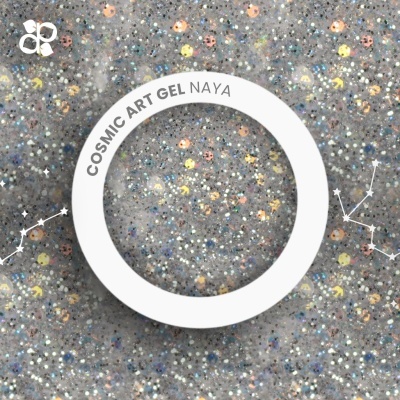 Gel cosmético para unhas com glitter multicolorido sobre fundo cinza e constelações