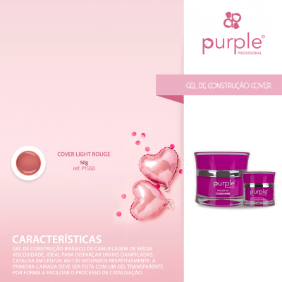 Dois potes de gel para unhas Purple Professional rosa com detalhes roxos e fundo rosa claro com balões em forma de coração