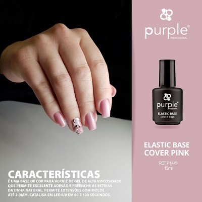 Mão com unhas cor rosa suave e decoração, frasco do Purple Professional Elastic Base Cover Pink e texto descritivo