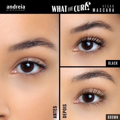 Imagem promocional máscara de pestanas vegana WHAT THE CURLS, cores BLACK e BROWN, olhos antes e depois.