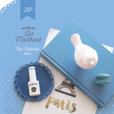 Frasco de verniz Andreia em prato azul, livro azul, pássaro branco, macaron azul e papel com palavra Paris