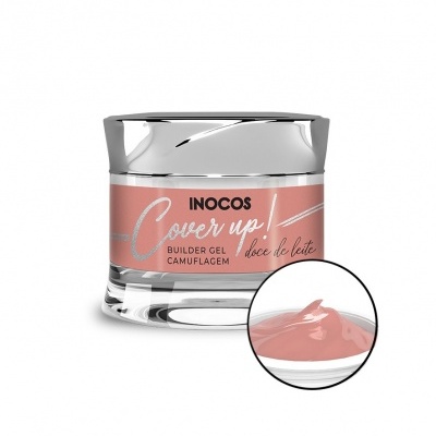 Frasco de gel construtor INOCOS Cover up doce de leite cor de rosa e prata.