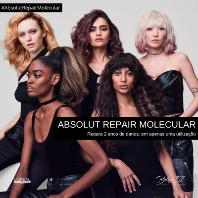 Cinco mulheres com cabelo estilizado e roupas pretas com texto promocional do produto Absolut Repair Molecular.