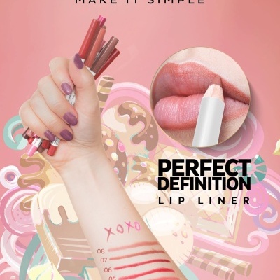 Publicidade de lápis labial com sete cores riscadas no braço e texto da marca Andreia Professional.