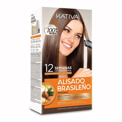 Caixa Kativa Alisado Brasileño com imagem de mulher e descrição do produto.