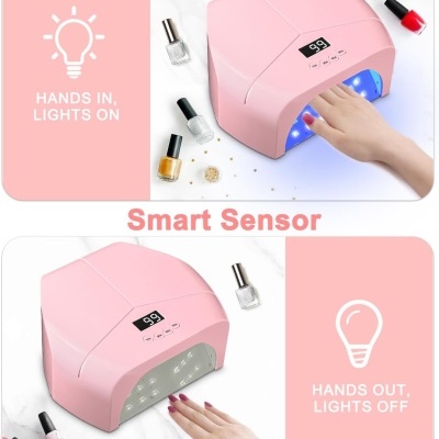 Cabine LED rosa para secar unhas com visor digital e luzes azuis ligadas e desligadas, cercada por vernizes coloridos