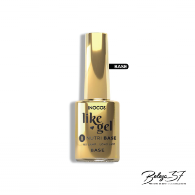Frasco dourado de base de unhas Inocos like gel Nutri Base com tampa dourada