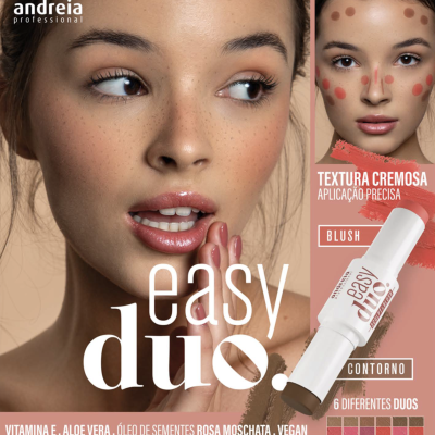 Publicidade de maquilhagem Andreia Professional com stick easy duo e rosto de mulher maquilhada