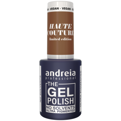 Esmalte de unhas em gel castanho da Andreia Professional com rótulo e tampa com texto.