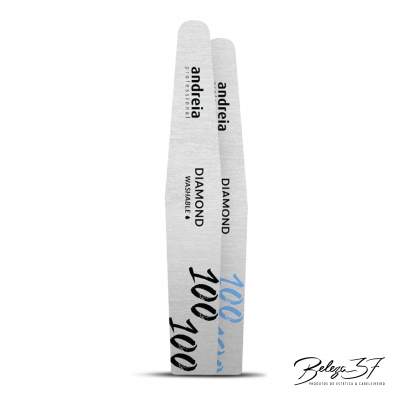 Três lixas para unhas cinzento claro com texto da marca andréia professional