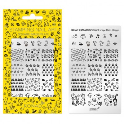 Placa de estampagem para unhas KONAD com desenhos diversos em cartão amarelo e branca.