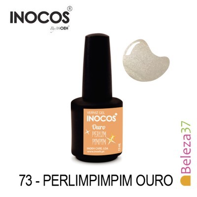 Esmalte verniz gel Inocos cor Ouro 73 com frasco preto e rótulo laranja
