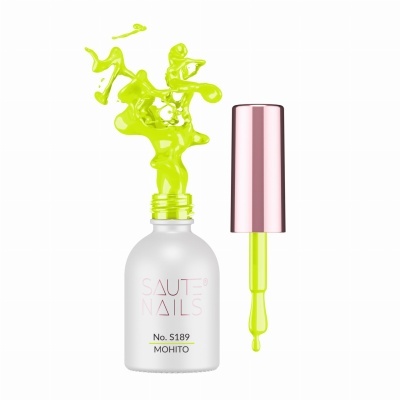 Esmalte de unhas Saut Nails No. S189 Mohito com pincel aberto e esmalte amarelo néon