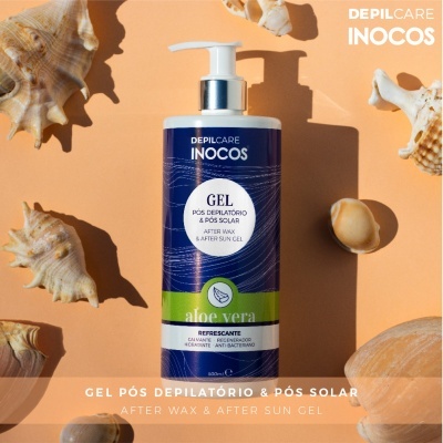 Frasco de gel pós depilatório Inocos com conchas ao redor