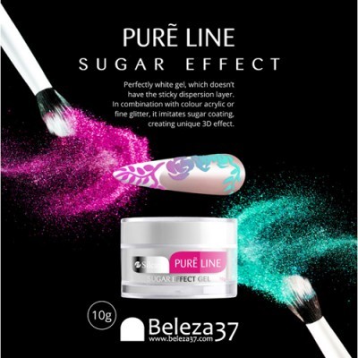 Gel para unhas PURÉ LINE SUGAR EFFECT com pincel e pó colorido em fundo preto.