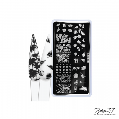 Placa de carimbos de unhas com desenhos de folhas e duas unhas postiças preto e branco