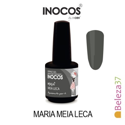Frasco preto de verniz gel INOCOS Maria Meia Leca com amostra de cor cinza escuro