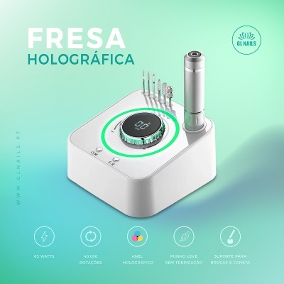 Dispositivo branco para unhas com mostrador digital, ponteiras metálicas e caneta, texto e ícones sobre fundo verde