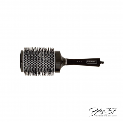 Escova de cabelo redonda preta e metálica com cerdas