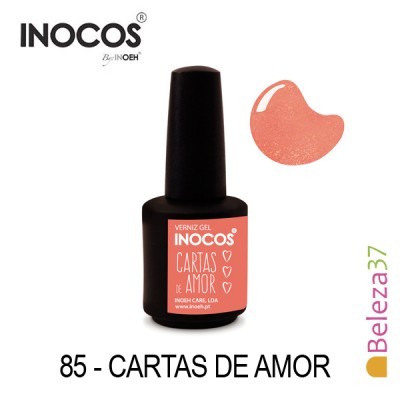 Verniz gel INOCOS cor cartas de amor, frasco preto com rótulo rosa e texto branco.