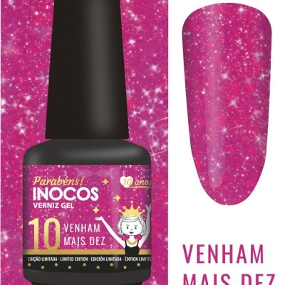 frasco de verniz gel cor-de-rosa brilhante com texto e amostra de cor