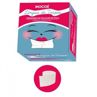 Embalagem do produto INOCOS Língua de Trapos com rosto sorridente e rolo branco de compressas