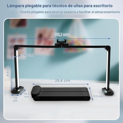 Lâmpada dobrável preta para técnico de unhas com dimensões indicadas