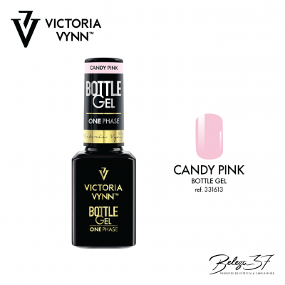 Frasco preto de gel para unhas Victoria Vynn Candy Pink com rótulo rosa e amostra da cor