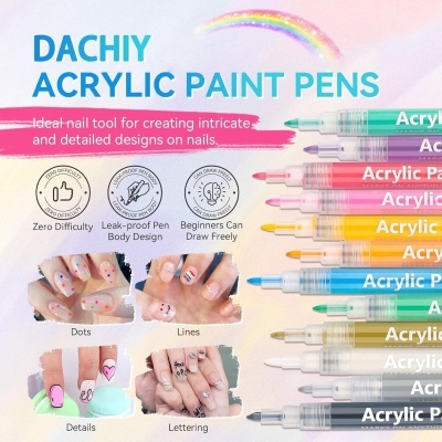 Conjunto de canetas de tinta acrílica coloridas para decoração de unhas com exemplos de desenhos em unhas e texto em inglês sobre características.