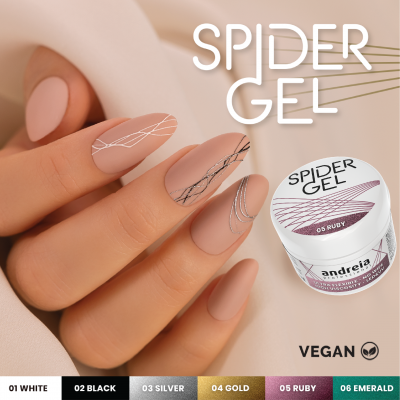 Unhas decoradas em tom nude com detalhes prateados e pretos e recipiente de Spider Gel 05 Ruby da Andreia