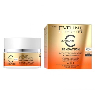 Creme de lifting rejuvenescedor Eveline Cosmetics com embalagem e caixa em tons laranja e dourado