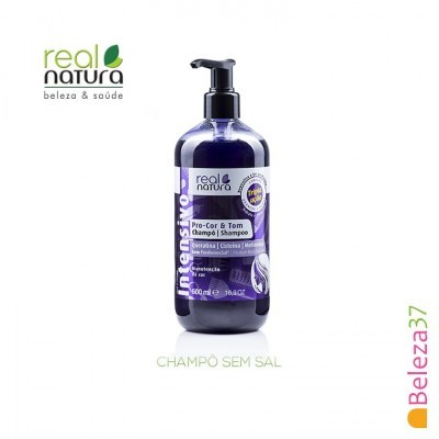 Frasco roxo de champô Real Natura Pro-Cor & Tom com tampa preta e texto em português
