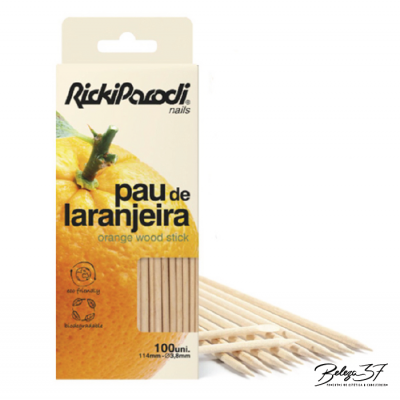 Caixa branca de palitos de madeira de pau de laranjeira RickiParodi nails com laranja e palitos visíveis