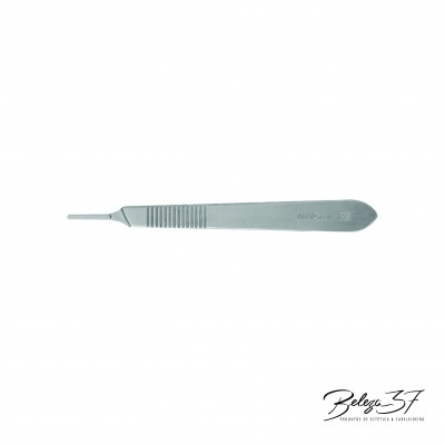 Bisturi metálico com lâmina fina e cabo gripado cinzento