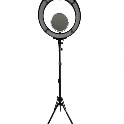 Anel de luz circular com suporte preto e espelho central