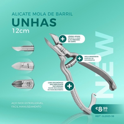 Alicate para unhas em aço inox com mola de barril e cabo ergonômico em fundo azul
