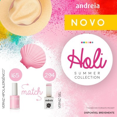 Produtos de verniz Andreia em anúncio colorido com texto NOVO e Holi SUMMER COLLECTION