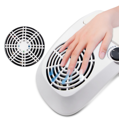 aspirador de pó para unhas branco com grelha preta e mão feminina